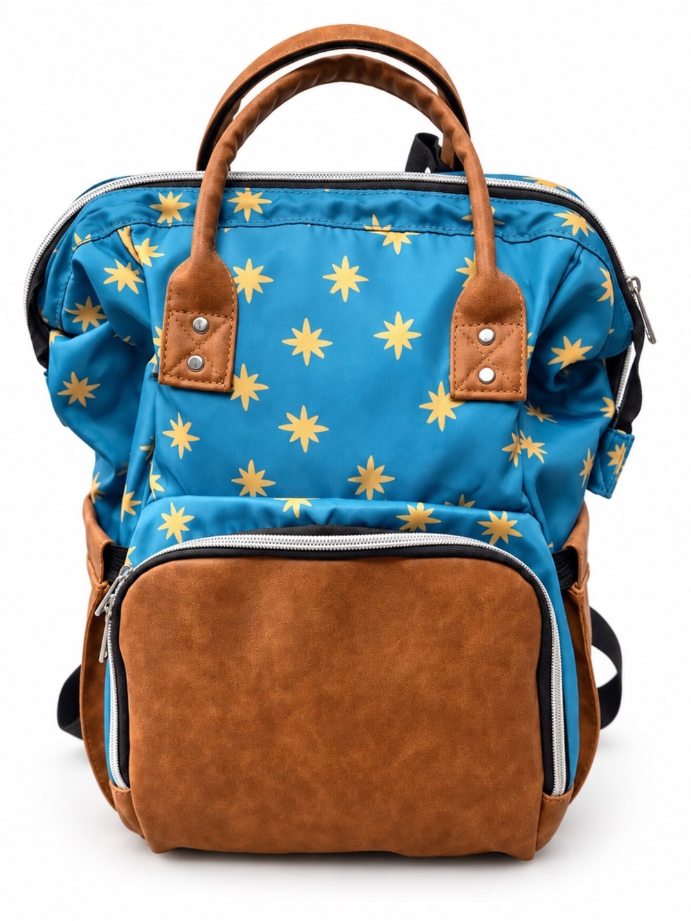 Blue Star-Print Diaper Backpack with Brown Suede Trim